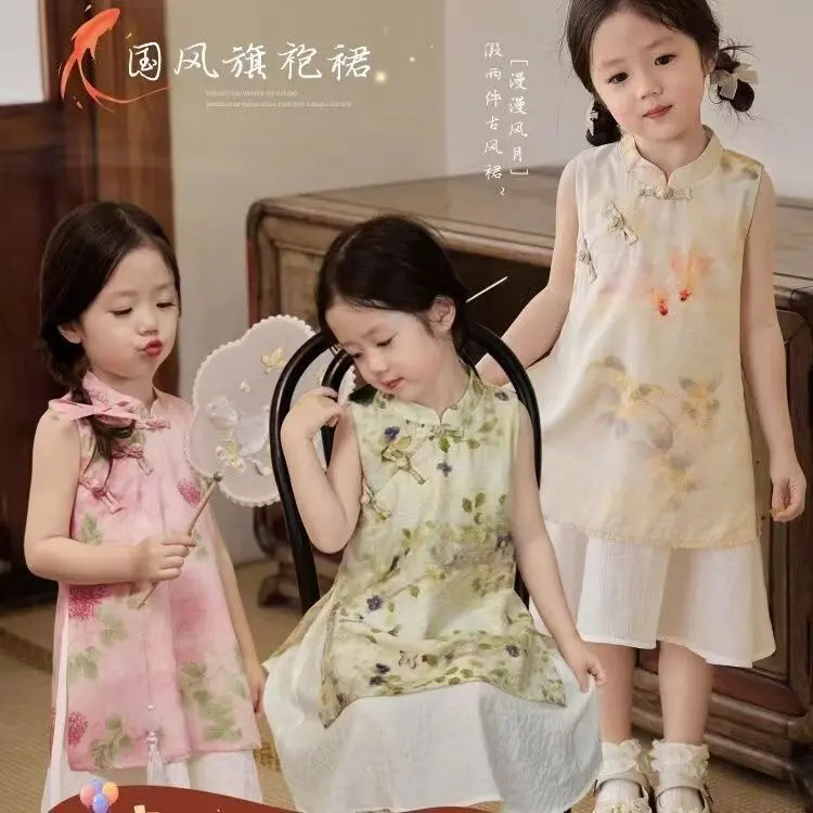 Váy Dài Mùa Hè Cho Bé Gái, Phong Cách Quốc Gia Sườn Xám Trẻ Em, Hai Mảnh Giả, Dễ Phối Đồ Thường Ngày Phong Cách Trung Quốc Mới, 2024