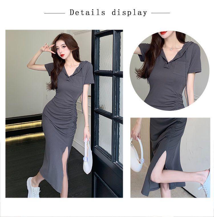 Product Introduction of Casual new style fashionable split mid length hooded skirt with women's summer temperament, waist cinched short sleeved drawstring dress 2