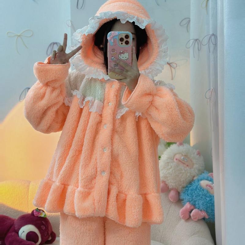 [XẢ HÀNG ĐÓN TẾT]Bộ ngủ nữ lông  dài tay bèo ren mềm mại ấm áp Women Áo Quần Ngủ Áo Ngủ Pijama Bộ ngủ Xưởng may Sm