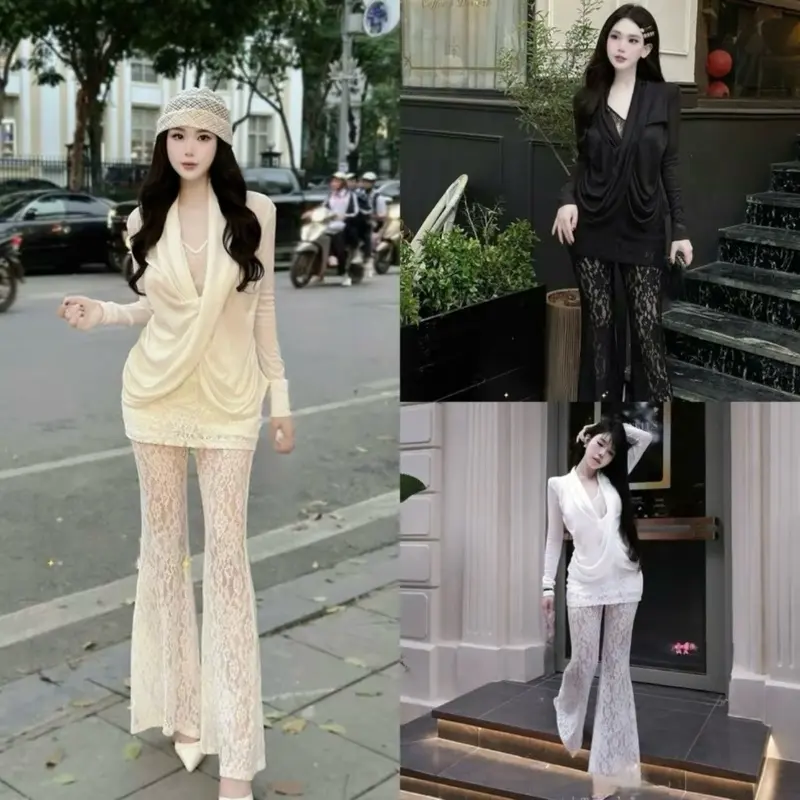 Set áo thun cổ đổ phối ren mix quần ren loe siêu hot