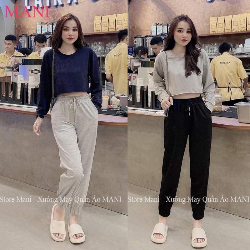 Quần jogger nữ dài có dây rút vải nỉ da cá thun trơn form ống rộng boom unisex bo gấu đen xám mặc ở nhà tập gym thể thao Sport Đồng Tập Yoga Trang Phục