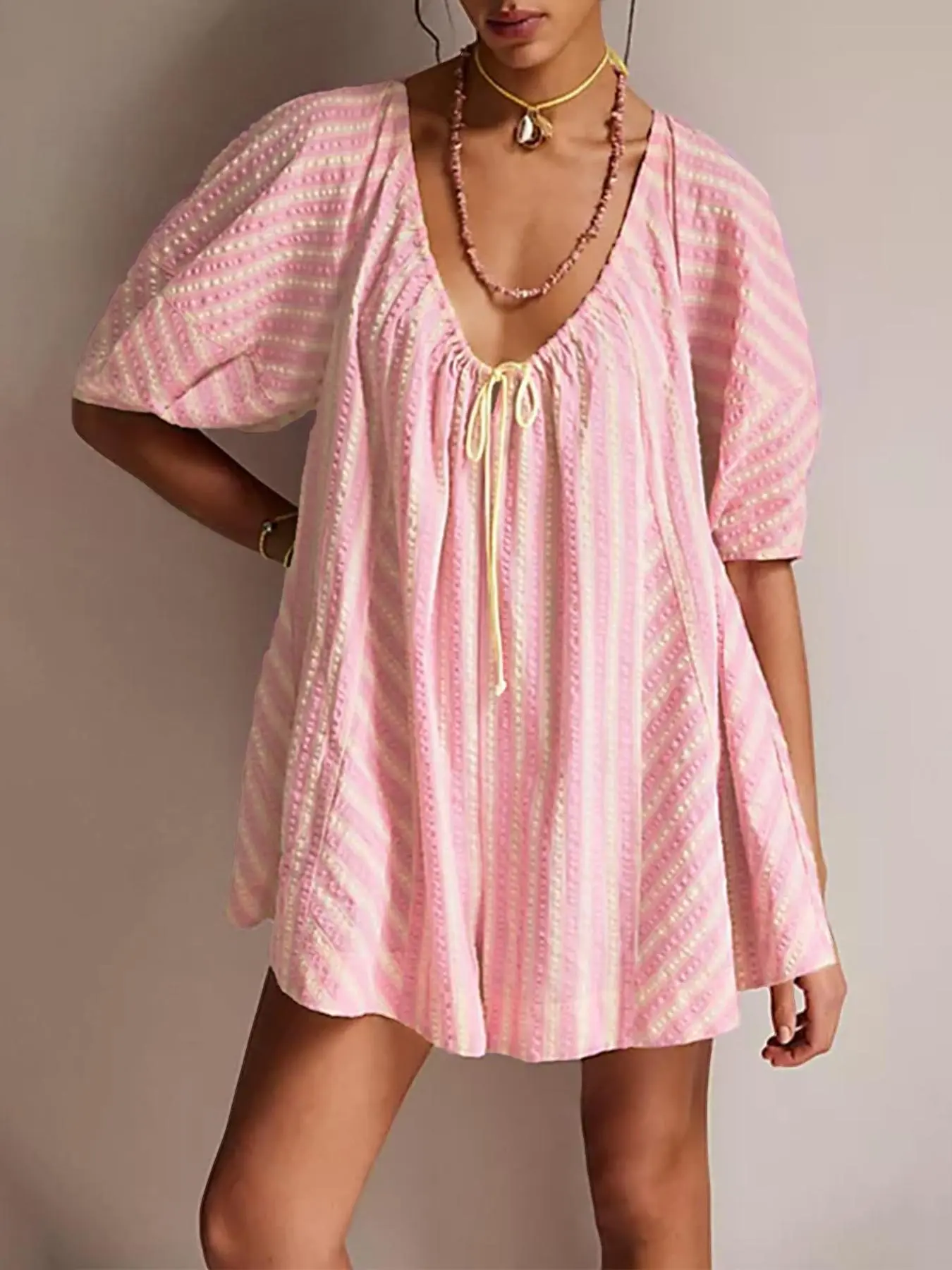 Women's Striped Print Romper, Casual Short Sleeve V Neck Romper for Summer, Fashion Women's Clothes for Beach Holiday Vacation