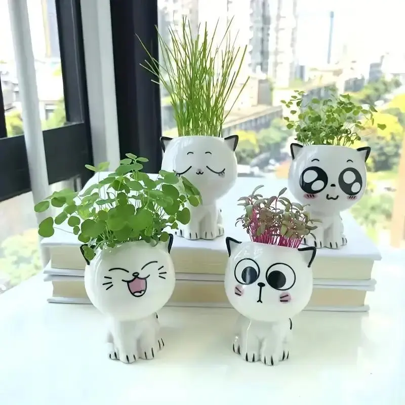 Cute Cat Design Ceramic Flower Pot, 4 Counts/set Mini Cartoon Cute Potted Plant, Desktop Potted Plant for Home Office School Decoration 3