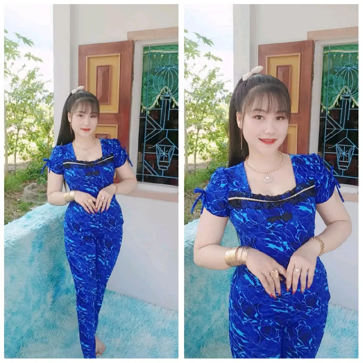 Bộ thun cổ  vuông viền  ren tay rút quần dài ống ôm Nữ