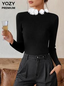 YOZY Women's Plain Floral Decor Keyhole Neck Tee, Elegant Long Sleeve T-shirt for Daily Wear, Ladies Clothes for All Seasons