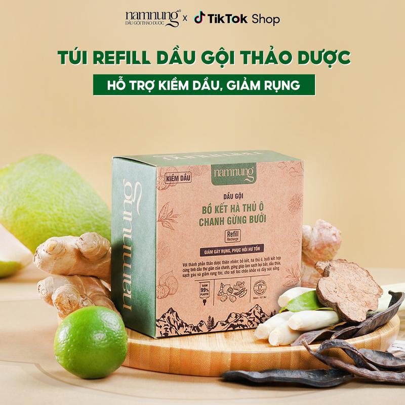 Dầu gội hỗ trợ giảm rụng kiềm dầu, dầu gội thảo dược NamNung dạng túi 500ml chiết xuất thiên nhiên Bồ kết hà thủ ô Chăm sóc tóc, Dưỡng tóc nữ dành cho da đầu dầu bết Tiết kiệm bảo vệ môi trường