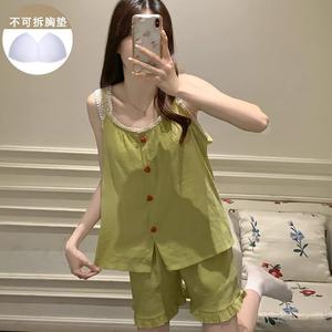 ชุดนอนหัวใจสีเขียวสำหรับเด็กผู้หญิง มาใหม่ น่ารัก และระบายอากาศได้ ทำจากผ้าฝ้าย บุนวม เสื้อชั้นในและกางเกงขาสั้น ดีไซน์เรียบง่าย เหมาะสำหรับการออกนอกบ้านและชุดลำลอง