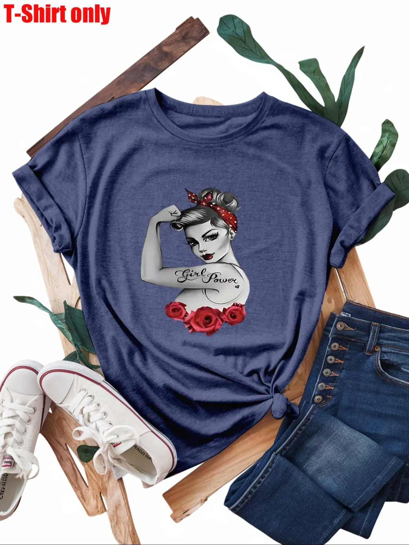 【Plus Size】 Figure Print Round Neck Tee, Fashion Casual Crew Neck Short Sleeve T-shirt for Daily Outdoor Wear, Women Clothing for Summer