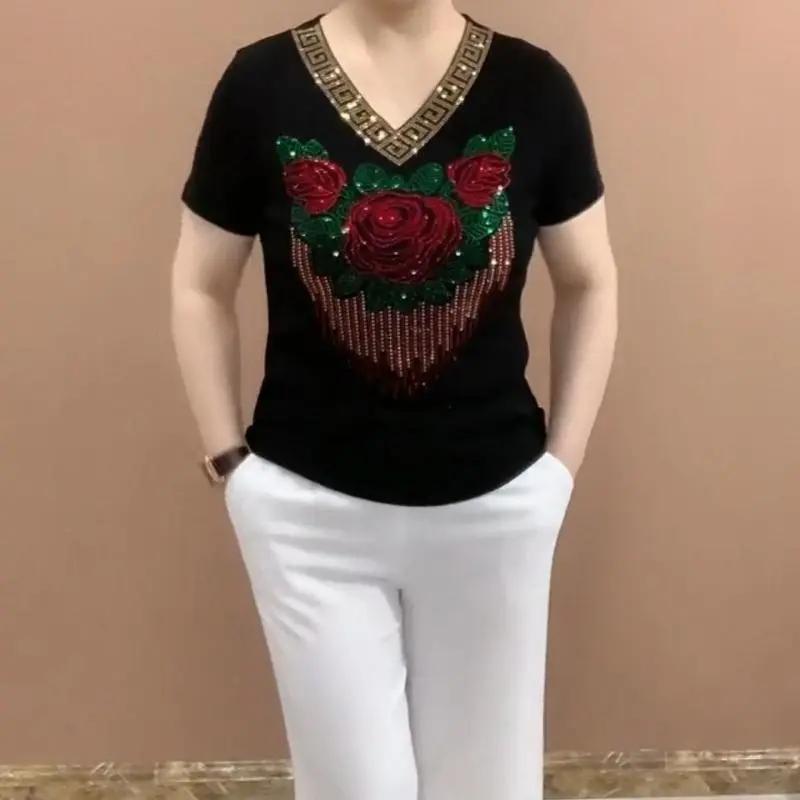 Áo Cánh ngắn Tay Bằng Lụa Lạnh Mùa Hè, Dành Cho Nữ, Áo Thun Cổ Chữ V Nữ, Dáng Rộng Vừa Vặn, Áo Hoa Hồng Và Kim Cương Nóng Bỏng