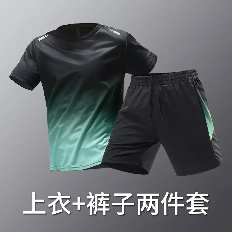 [Store Hot Sale] Fitness Sportswear Men's Set Running Summer Thin Quick-Dry Short Sleeve T-Shirt Shorts Basketball Training