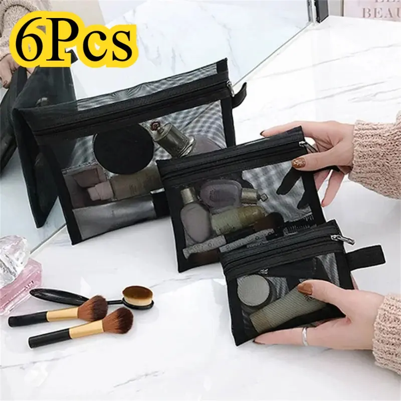 2/3/6Pcs Women Mesh Cosmetic Bag Travel Storage Makeup Bag Organizer Female Make Up Pouch Portable Small Large Toiletry Beauty Case