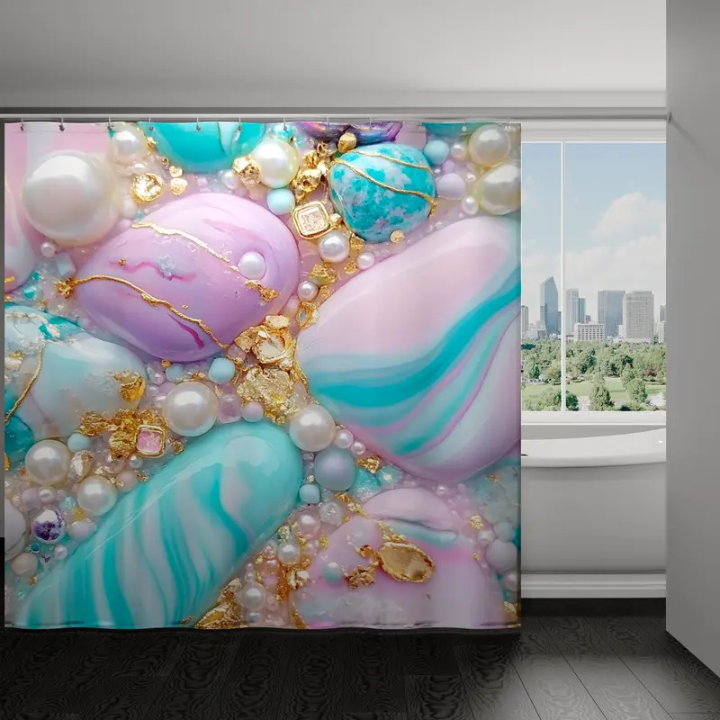 Gem Series Shower Curtain Set, 4 Counts/set Including Shower Curtain & Toilet Lid Cover & Rectangular Mat & U-shaped Mat, Bathroom Decor Supplies 2