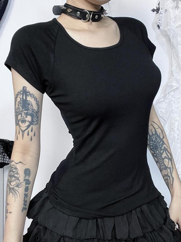 Women's Angel Print Contrast Mesh Tee, Punk Raglan Sleeve Round Neck T-shirt, Vintage 90s Graphic Tees, Ladies Clothes for Summer,  Fashion Icon 0