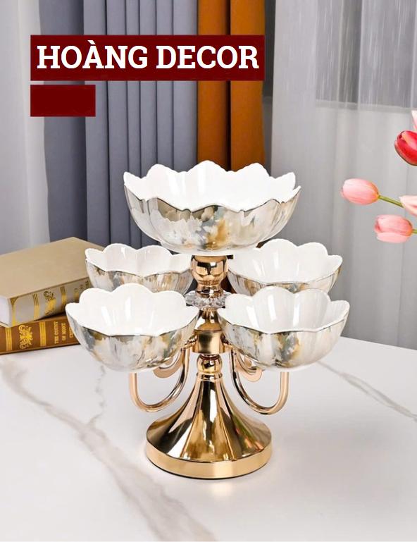 Khay Đựng Bánh Kẹo, Mứt Tết, Hoa Quả 5 Tầng Vân Đá Xoay 360 Độ Sứ Cao Cấp - Sang Trọng Cho Ngày Tết khay mutt