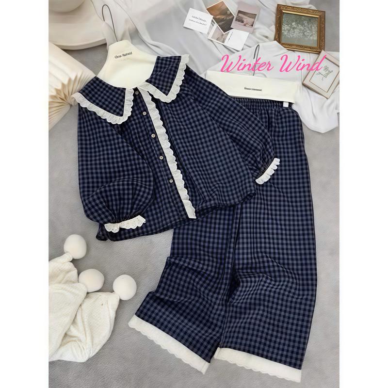 (Winter Wind) SÉT BỘ PYJAMA DÀI KẺ BÈO CÚC REN XINH SIU HÓT Win002 4