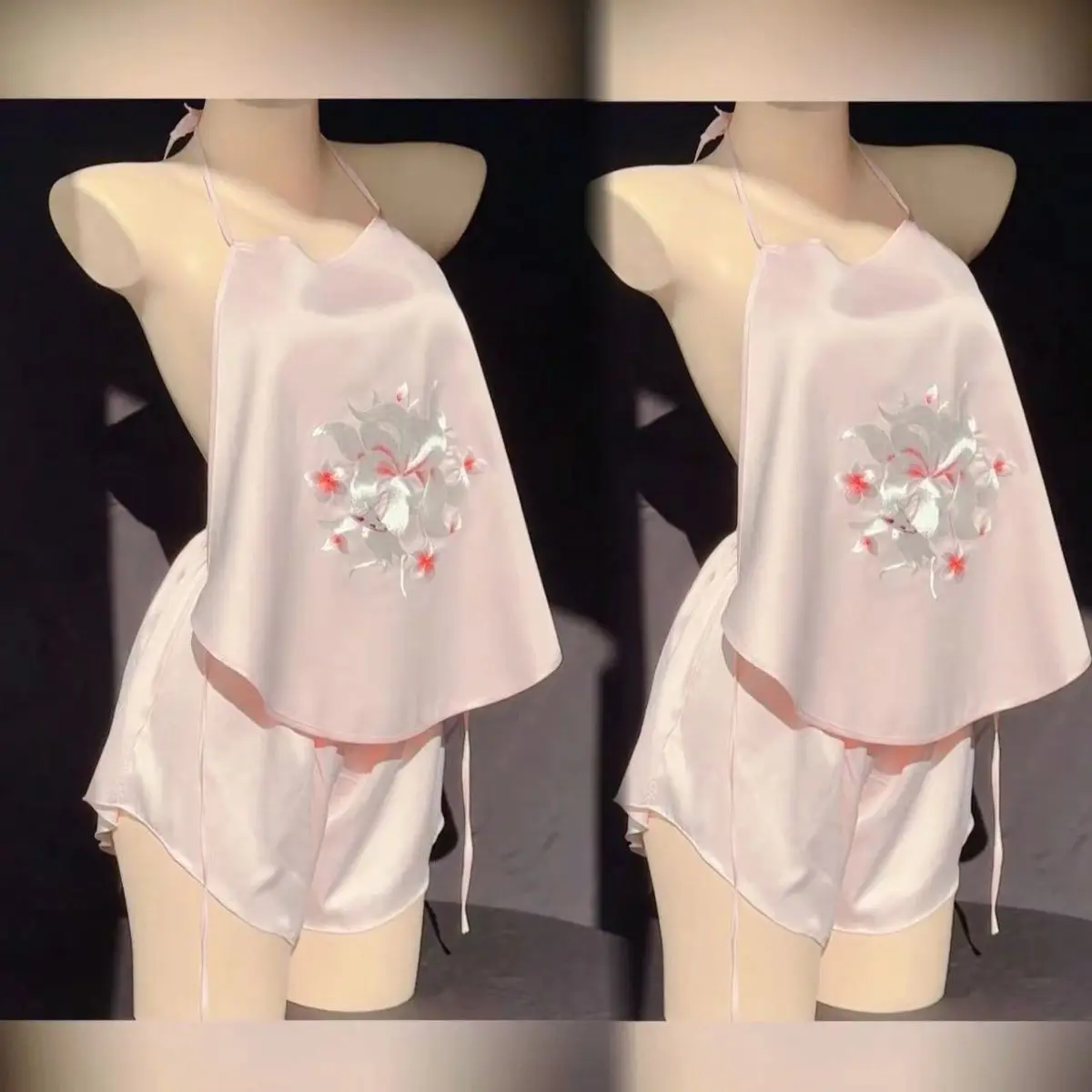 Bộ đồ ngủ tạp dề thêu ren mùa hè mới với cổ yếm gợi cảm kiểu cổ trang thêu bằng lụa lạnh và sợi tơ tằm, bộ đồ hai dây