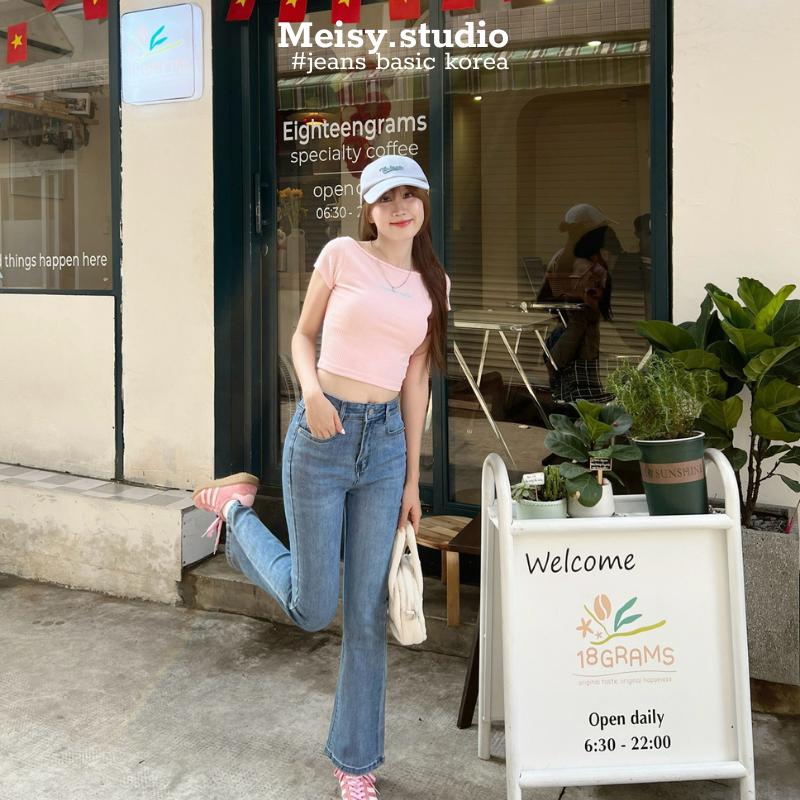 Quần Jeans bò nữ xanh chàm nhạt loe nhẹ co giãn tốt phong cách Hàn Quốc