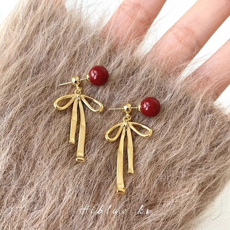 Red Pearl Tassel Bowknot Earrings New Year Festive Earrings for Women 2025 New Hot Style Light Luxury High-end Feel