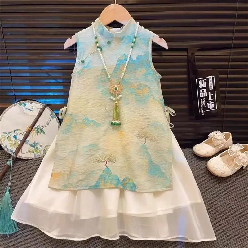Dress Anak Perempuan Import Cheongsam Bunga Tanpa Lengan Outer Inner Shiffon Cantik 1