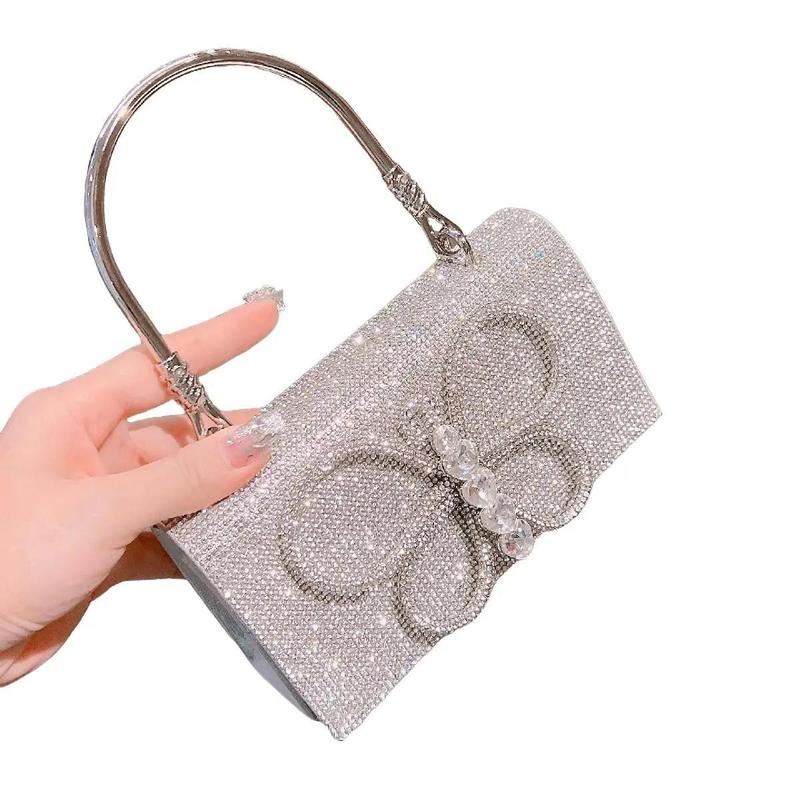 Túi Xách Nữ Đeo Chéo Size 18 Women Bag Clutch Cầm Tay Cốp Đi Tiệc Quai Kiềng Bươm Bướm Đính Full Đá Kèm Dây Xích HÀNG QC Nhung Kem