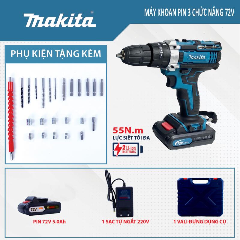 Máy khoan pin cầm tay Makita 72v, máy bắn vít 3 chức năng khoan tường, bắn vít, khoan sắt tặng phụ kiện 24 chi tiết