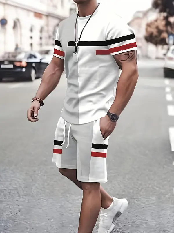 Two Pieces Men's Colorblock Striped Print Drawstring Two-piece Set, Regular Fit Casual Short Sleeve T-shirt & Pocket Shorts, Outfit Sets for Men, Men's Summer Outfits for Daily Wear, Going Out Outfit, Menswear 0