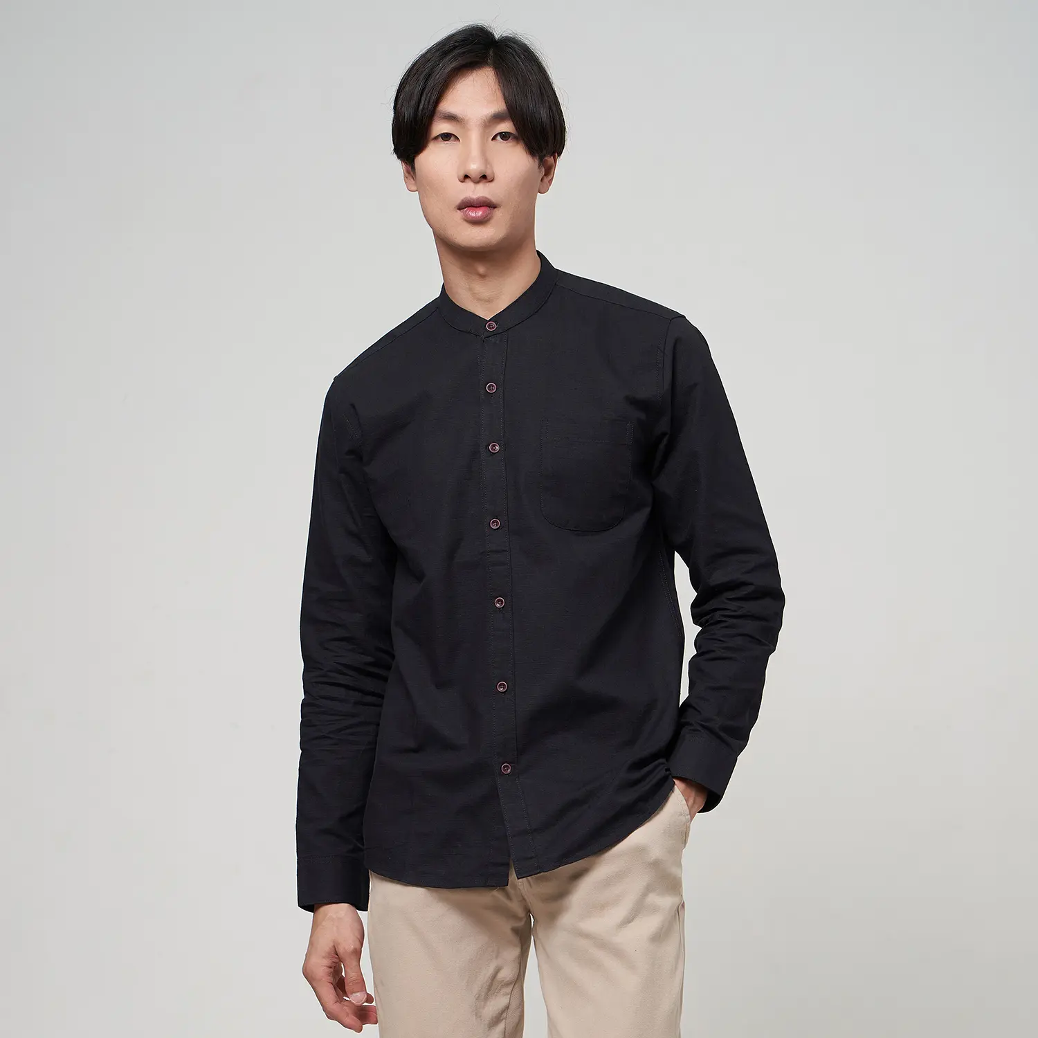 ALINO Kemeja Pria Kerah Sanghai Polos Lengan Panjang HITAM 058 Nyaman Casual Basic Fit Formal Slim Kantor Slimfit Baju Katun Navy Cowok Putih Kerja Hem