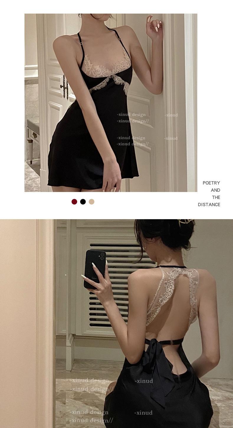 Product Introduction of Sexy lingerie deep V lace backless satin women's home clothes suspenders pajamas nightdress Loungewear Nightwear night  dress Womenswear Homewear victoria s 11