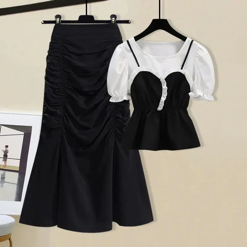 Small Summer Suit Women's 2024 New Fashion Fake Two Pieces Puff Sleeve Short Sleeve Shirt Fishtail Skirt Two-Piece Set Clothing Womenswear Lingerie Comfort