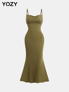 YOZY Women's Solid Tie Back Backless Cami Mermaid Dress, Elegant Adjustable Strap Sleeveless Long Dress for Party Dating Wear, Ladies Summer Clothes