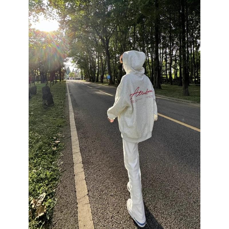 Áo len nữ có mũ trùm đầu màu xám nhạt in chữ rời đường phố cổ điển của Mỹ women Top 10.7 áo  hoodie Voan Voi