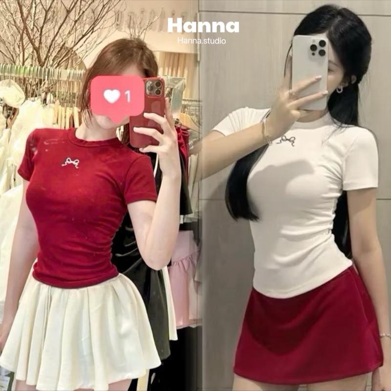 Áo thun nữ dáng dài thêu nơ đỏ mặc Noel Tết 2024 chất gân tăm dày dặn co giãn