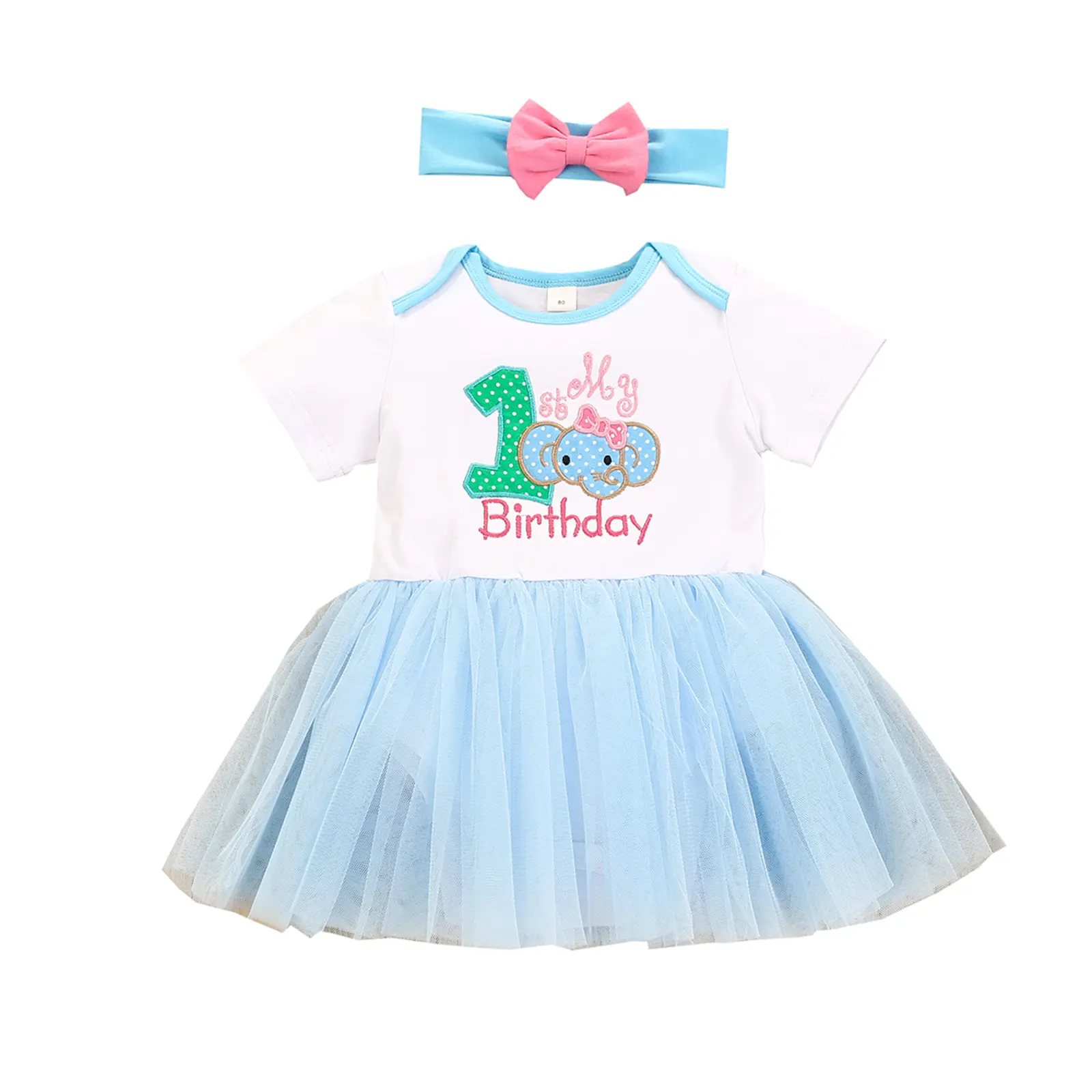 Baby Girl Clothes Hairband Set, Birthday Mermaid Elephant Lettering Print Short Sleeve Dress Romper Matching Bow Headband