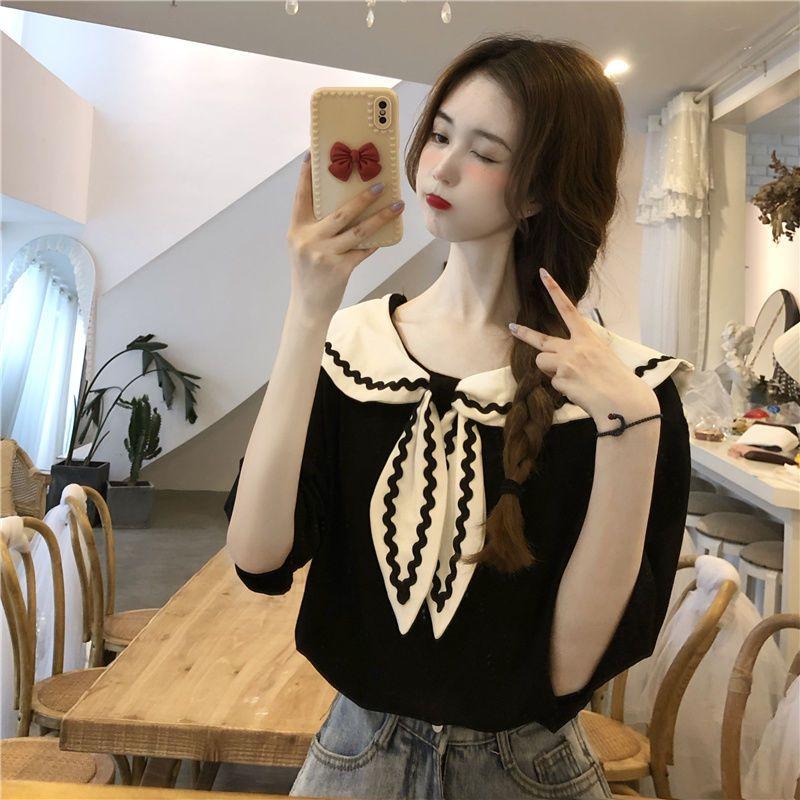 Áo Thun Cổ Hải Quân Nữ Tay Ngắn Mùa Hè Ngọt Ngào Phong Cách Đại Học Top Sơ Mi Cổ Tròn 7