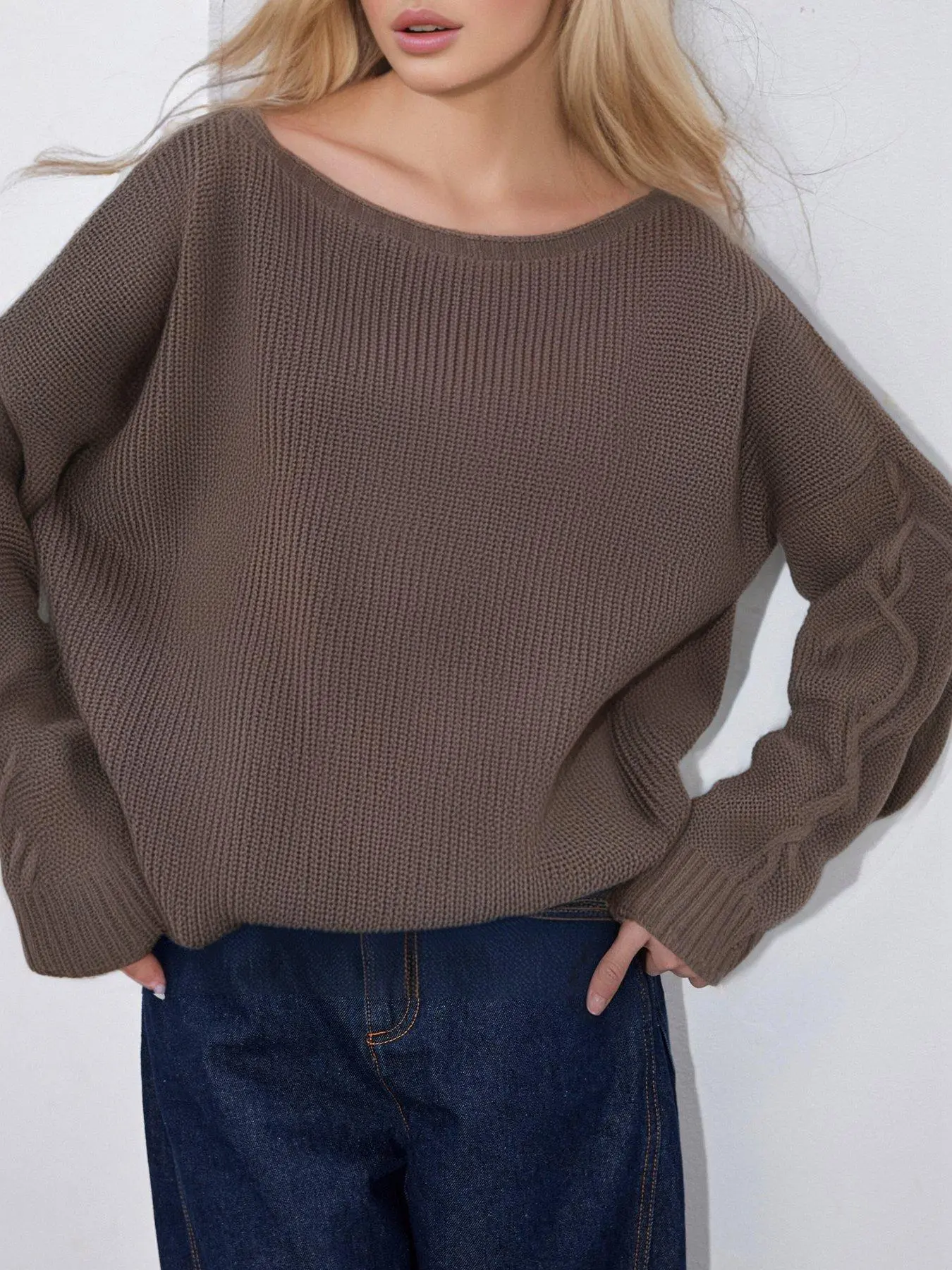 【Plus Size】 Solid Cable Knit Sweater, Casual Long Sleeve Jumper for Spring & Fall, Women's Plus Clothing for Daily Wear