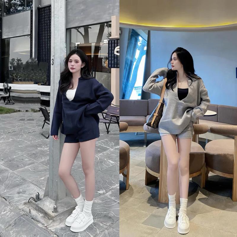 Bộ Set 3 Món Chất Tăm Len Dài Tay Cổ Sâu Kèm Áo Bra Dễ Mặc By Kem Nữ Sen