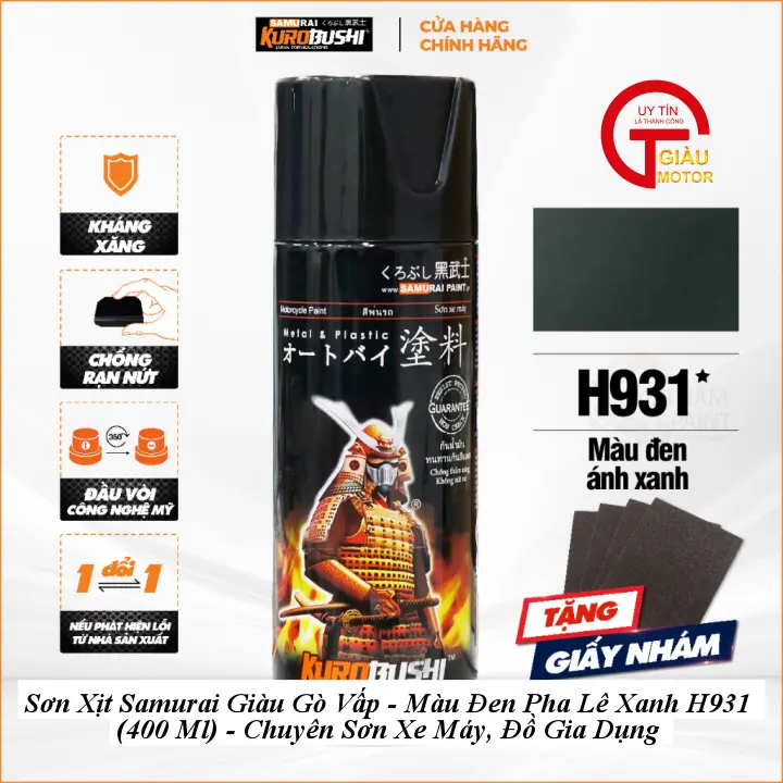 Sơn Xịt Samurai Kurobushi  Giàu Gò Vấp - Màu Đen Pha Lê Xanh H931 (400 Ml) - Chuyên Sơn Xe Máy, Đồ Gia Dụng