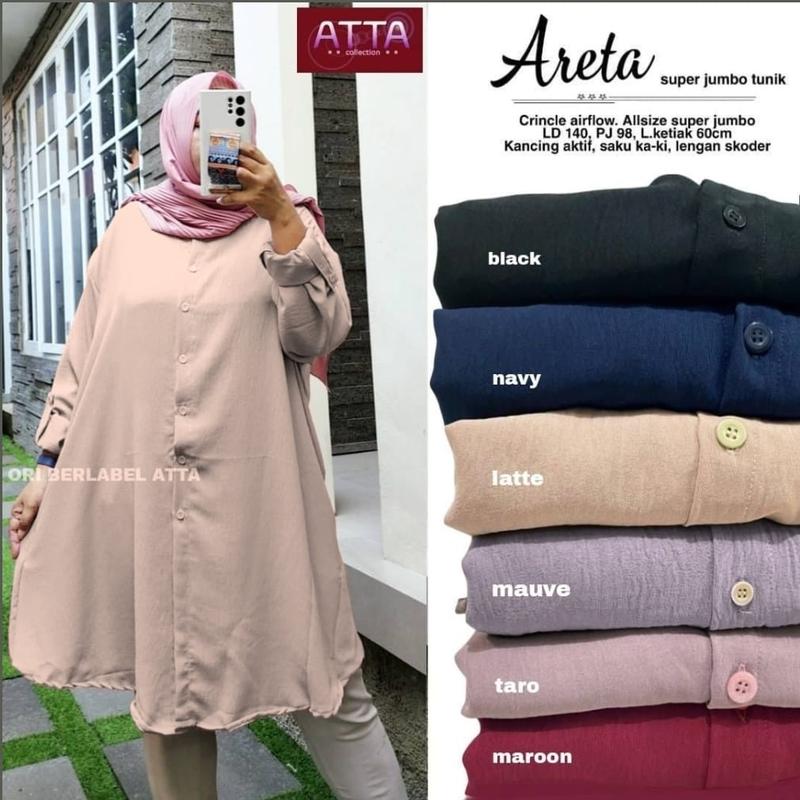 Atasan Wanita Kemeja  Polos Areta Tunik Jumbo LD140 Bahan Crincle Airflow Full Kancing Oversize Muslim 4