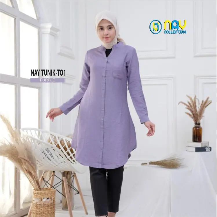 NAY TUNIK-T01 Baju Atasan Wanita Muslimah Tunik Polos Polo Linen Kancing Panjang Katun Rayon Oversize Simple Basic 1