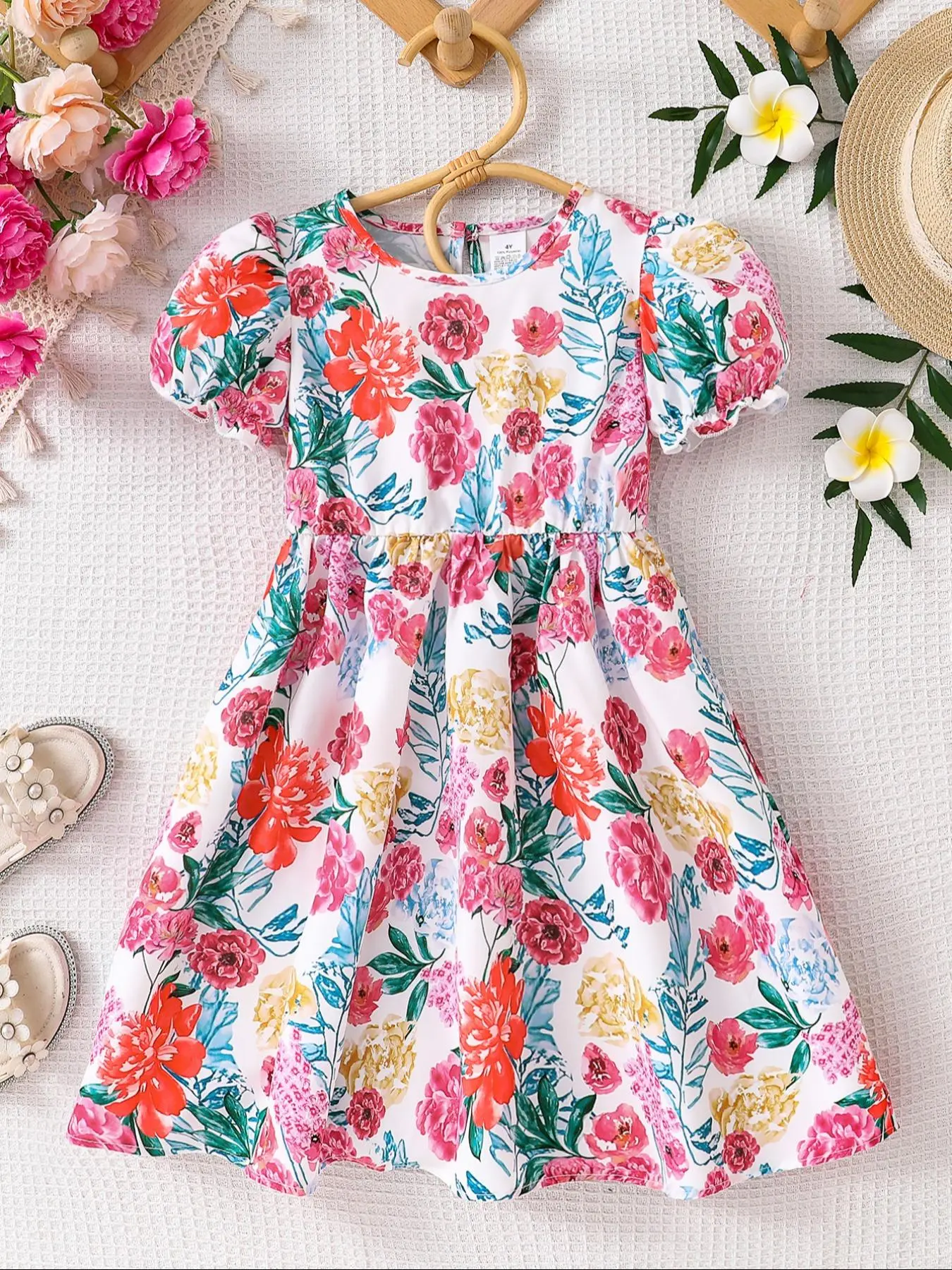Girl's  Floral Print Short Sleeve Dress, Casual   A Line Dress for Summer, Kids Clothes for Daily Wear