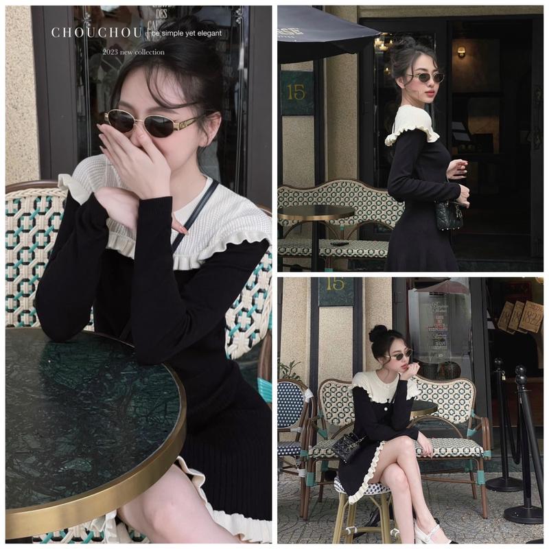 Sét len nữ tiểu thư pha cổ viền bèo áo tay dài phối chân váy dáng xoè viền gợn sóng free size từ 45kg đến 60kg