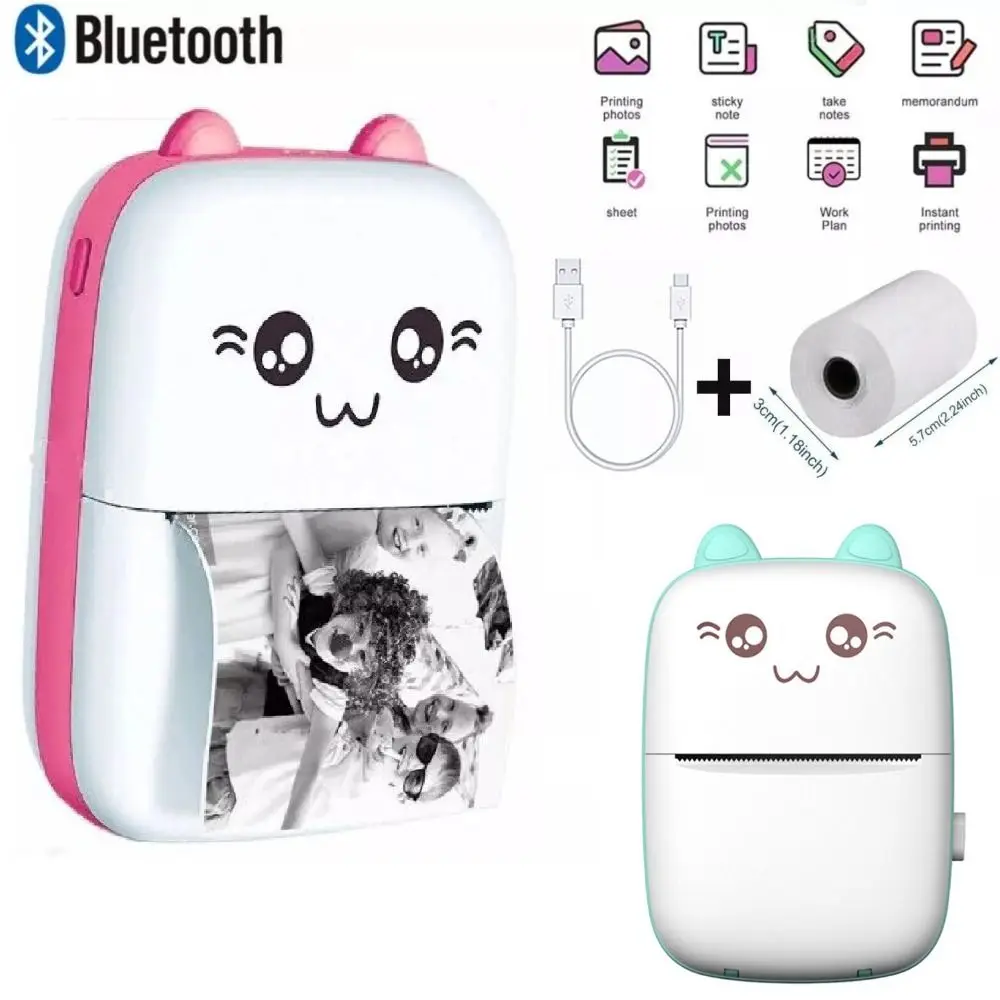 Durable Wireless Mini Pocket Thermal Printer Cat Shapes Portable Label Printing Machine Bluetooth Photo Printer Home Office Gift