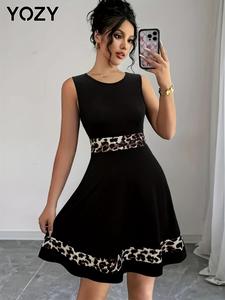 YOZY Women's Patchwork Leopard Print Round Neck Tank Dress, Fashion Casual Dress for Daily Outdoor Wear, Women Dress for Summer