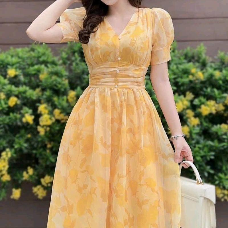 Đầm voan hoa tay phồng đính cườm eo đi chơi đi tiệc đều xinh 0