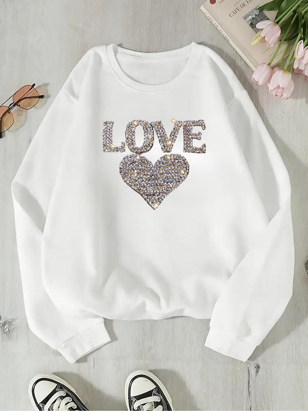 Women's  Rhinestones Glitter Heart & Letter Print Drop Shoulder Sweatshirt, Casual Long Sleeve Round Neck Pullover for Fall & Winter, Ladies Clothes for Daily Wear 0