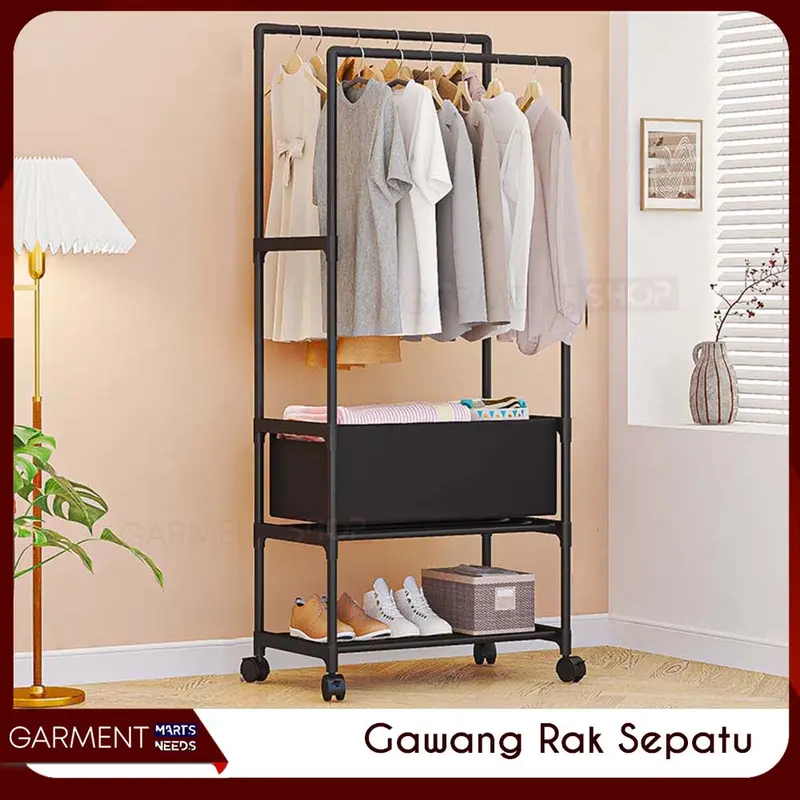 [TERMURAH] - Rak Gantungan Baju Celana Sepatu Stand Hanger Dengan Roda Keranjang Tempat Penyimpanan Serbaguna 2