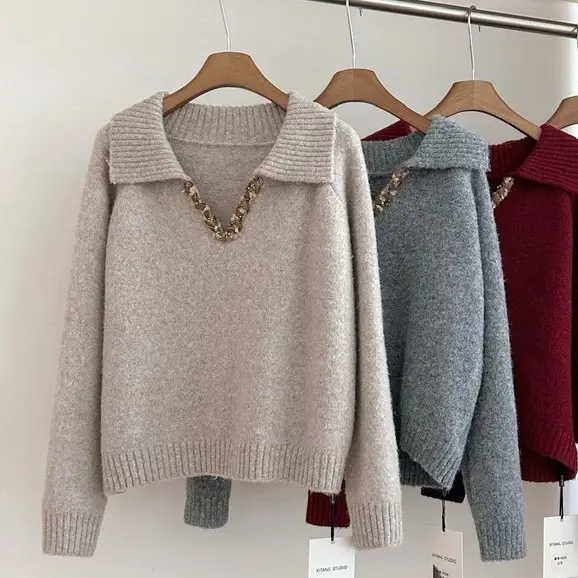 Áo Len Chui Đầu Cổ Chữ V Nữ Thu Đông Rời Lười Phong Cách Cao Cấp ,Phong Cách Hàn Quốc Dày