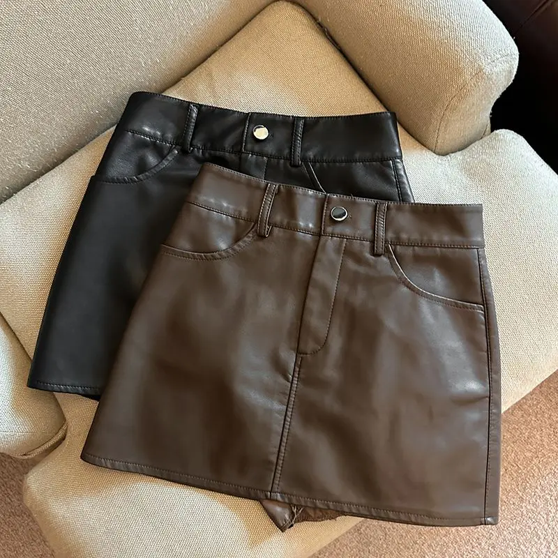 Chân Váy Da PU Cạp Cao Dành Cho Phụ Nữ, Chân Váy Bodycon Chữ A, Màu Đen, Chống Lộ, Ngoại Cỡ, Thích Hợp Cho Mùa Thu Và Mùa Đông, Phong Cách Cô Gái Đầy Đặn, 2024  Women Khuy