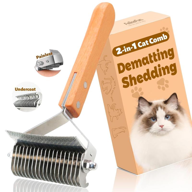 TikTok Shop Cat Brush for Dematting Deshedding 2 in 1 Undercoat Rake Efficiently Remove Loose Hair Matted Fur Professional Shedding Comb for Indoor Cats Long Haired Cats