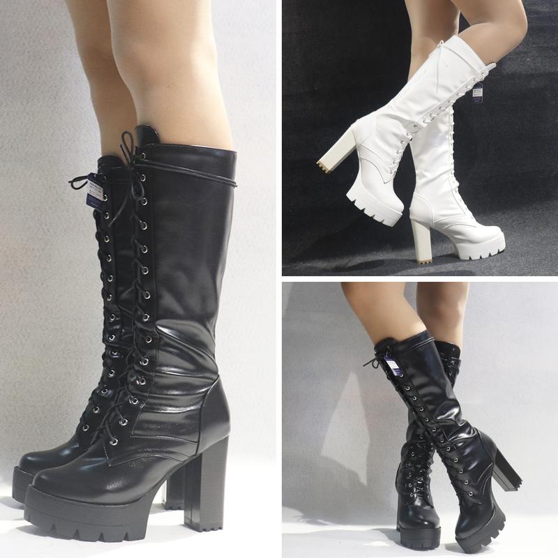 Giày COMBAT boot CỘT DÂY dưới gối gót vuông 12cm CÁ TÍNH- HIỆN ĐẠI 2 màu đen trắng GCC127 Bốt Nữ Shoes